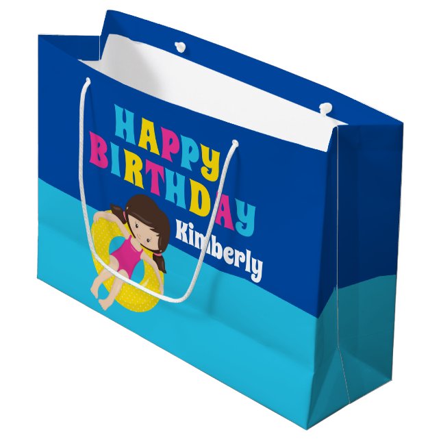 Girls Pool Party Birthday Pretty Personalized Large Gift Bag (Front Angled)
