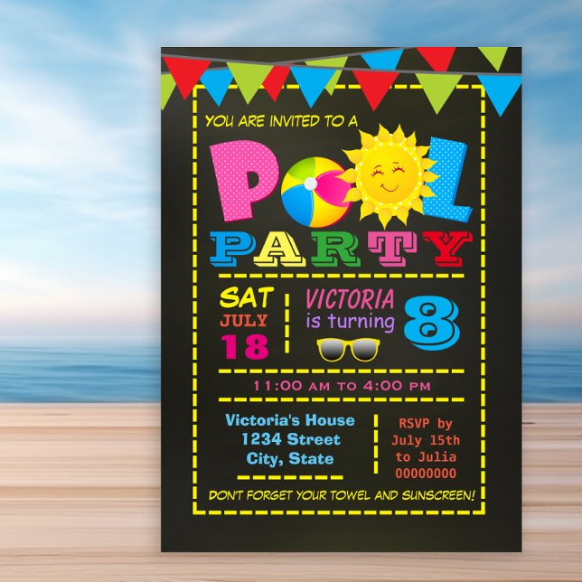 Girls Pool Party Fun Festive Pool Birthday Party Invitation (Cute girl any number pool birthday party invitation. Simply add your event details.)