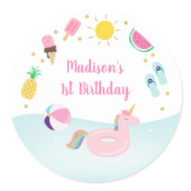Girls Pool Party Ice Cream Birthday Classic Round Sticker