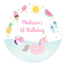 Girls Pool Party Ice Cream Birthday Classic Round Sticker