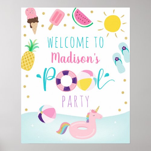 Girls Pool Party Ice Cream Birthday Welcome Poster