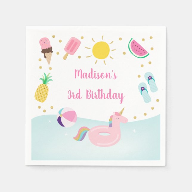 Girls Pool Party Ice Cream Sunshine Birthday Napkins (Front)