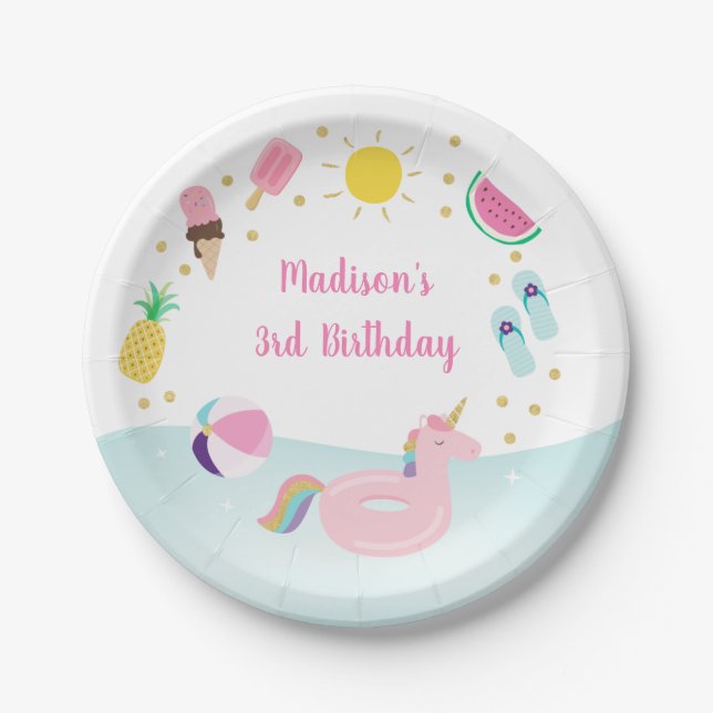 Girls Pool Party Ice Cream Sunshine Birthday Paper Plates (Front)