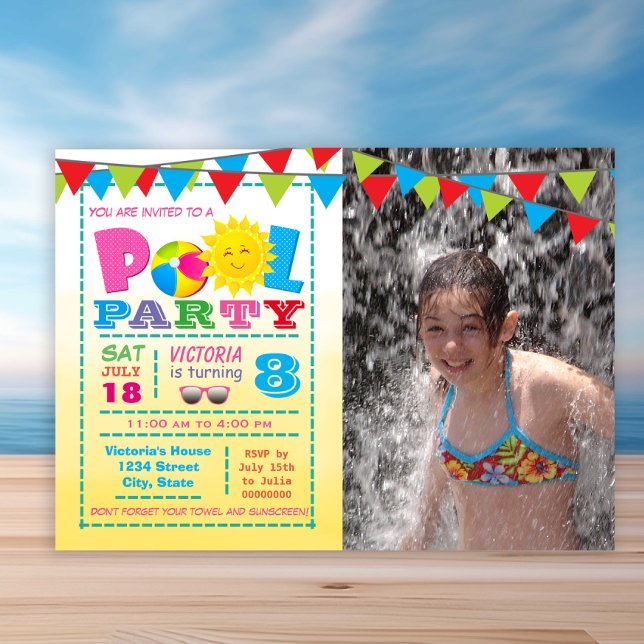 Girls Pool Party Invitations (Cute any number pool birthday party invitation. Simply add your details and photo.)