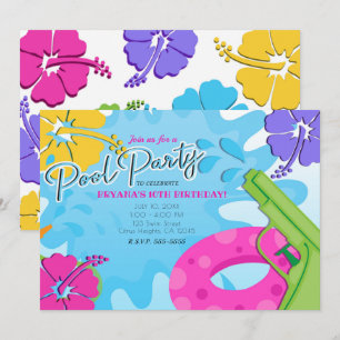 Girls Pool Party Squirt Gun Water Summer Hibiscus Invitation