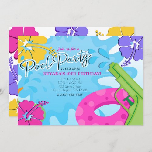 Girls Pool Party Squirt Gun Water Summer Hibiscus Invitation