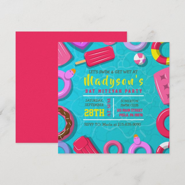 GIRLS POOL SWIM FLOATS Bat Mitzvah Party Invitation (Front/Back)