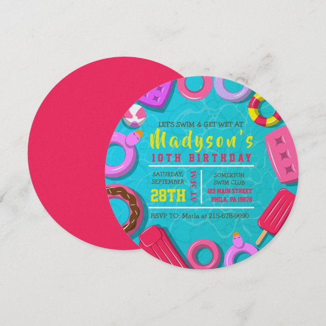 GIRLS POOL SWIM FLOATS Birthday Party Invitation (Front/Back)