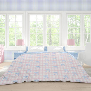 Girls Preppy Watercolor Blue Bows Pink Gingham Duvet Cover