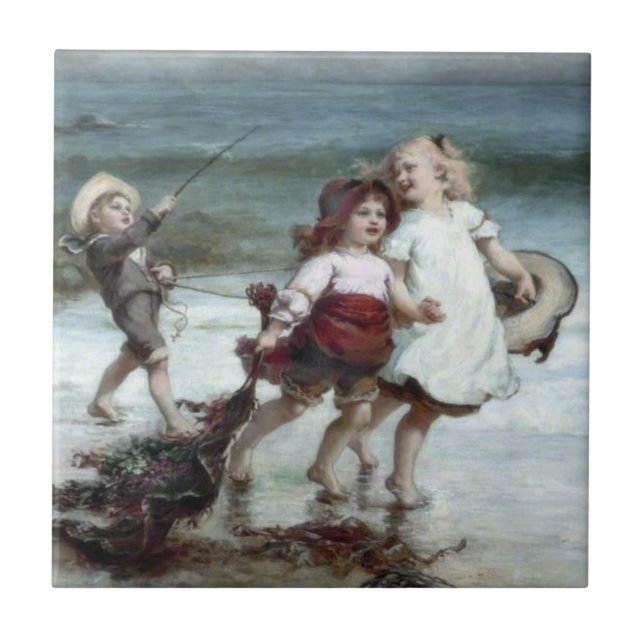 Girls Pretending to be Horses on the Beach Ceramic Tile (Front)