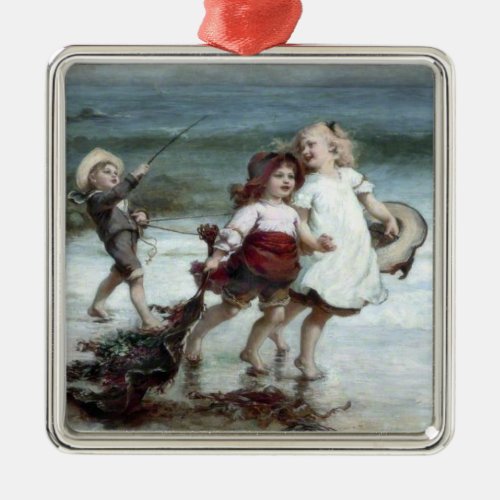 Girls Pretending to be Horses on the Beach Metal Ornament