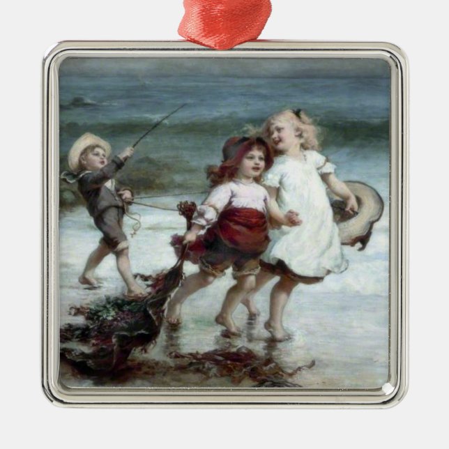 Girls Pretending to be Horses on the Beach Metal Ornament (Front)