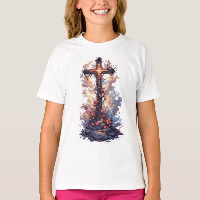 Girl's Pretty Floral Christian Cross Tee Shirt (Front)