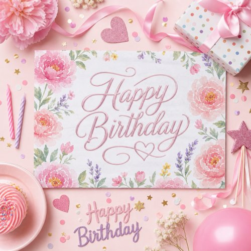 Girls Pretty Happy Birthday Silver Pink Floral Tissue Paper