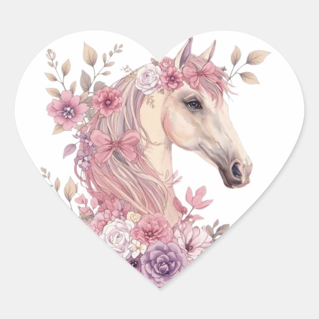 Girls Pretty Ponies Pastel Floral Horse Heart Sticker (Front)