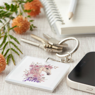 Girls Pretty Ponies Pastel Floral Horse Keychain