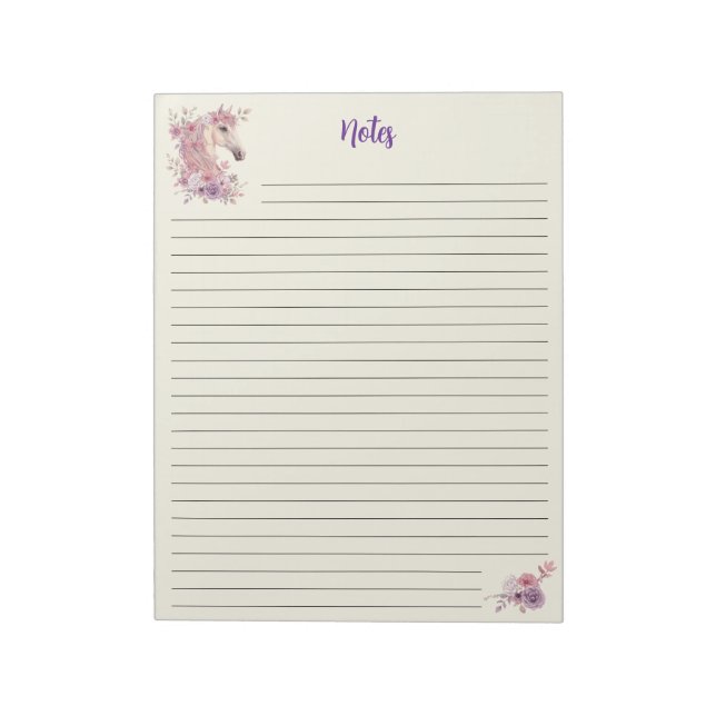Girls Pretty Ponies Pastel Floral Horse Notepad (Rotated)