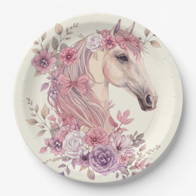 Girls Pretty Ponies Pastel Floral Horse Paper Plates (Front)