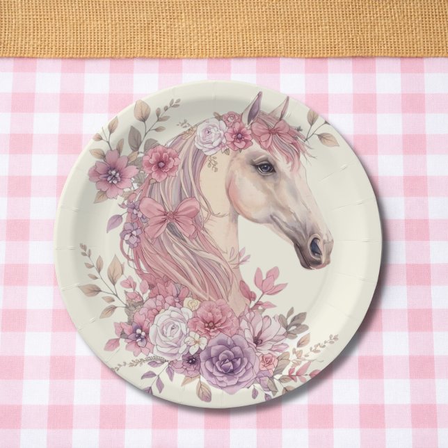 Girls Pretty Ponies Pastel Floral Horse Paper Plates (Creator Uploaded)