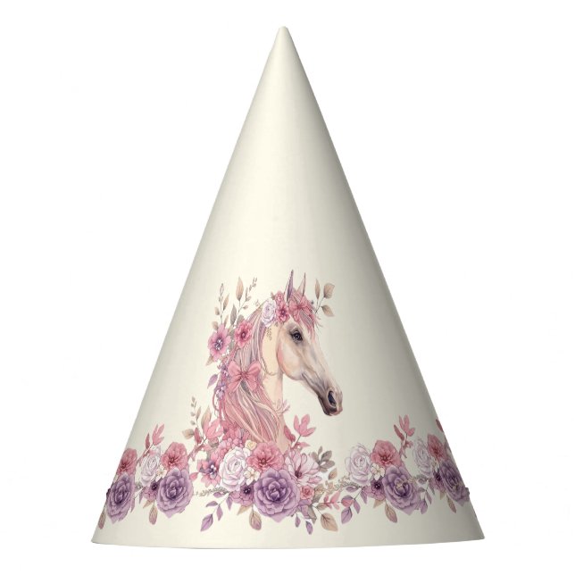 Girls Pretty Ponies Pastel Floral Horse Party Hat (Front)