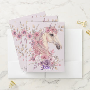 Girls Pretty Ponies Pastel Floral Horse Pocket Folder
