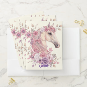Girls Pretty Ponies Pastel Floral Horse Pocket Folder