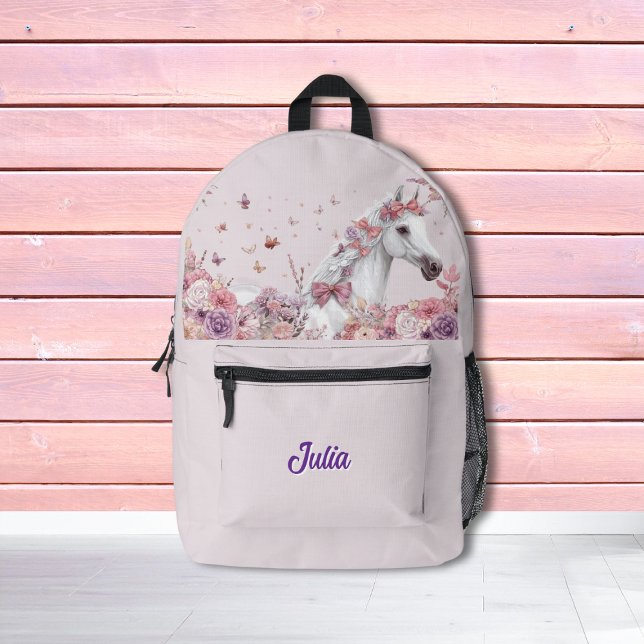 Girls Pretty Ponies Pastel Floral Horse Printed Backpack (Creator Uploaded)