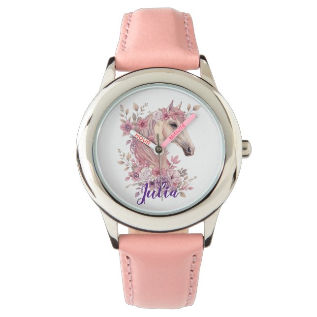 Girls Pretty Ponies Pastel Floral Horse Watch (Front)