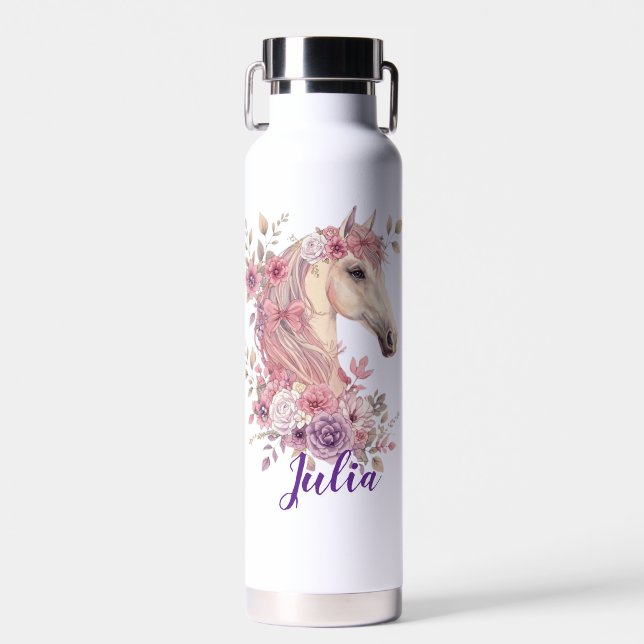 Girls Pretty Ponies Pastel Floral Horse Water Bottle (Front)