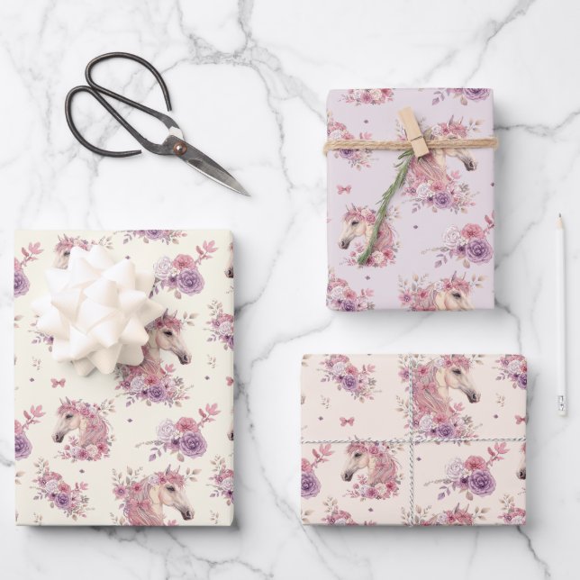Girls Pretty Ponies Pastel Floral Horse Wrapping Paper Sheets (Front)