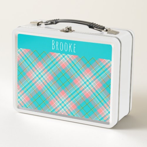 Girls Pretty Teal Blue and Pink Plaid Kids Metal Lunch Box