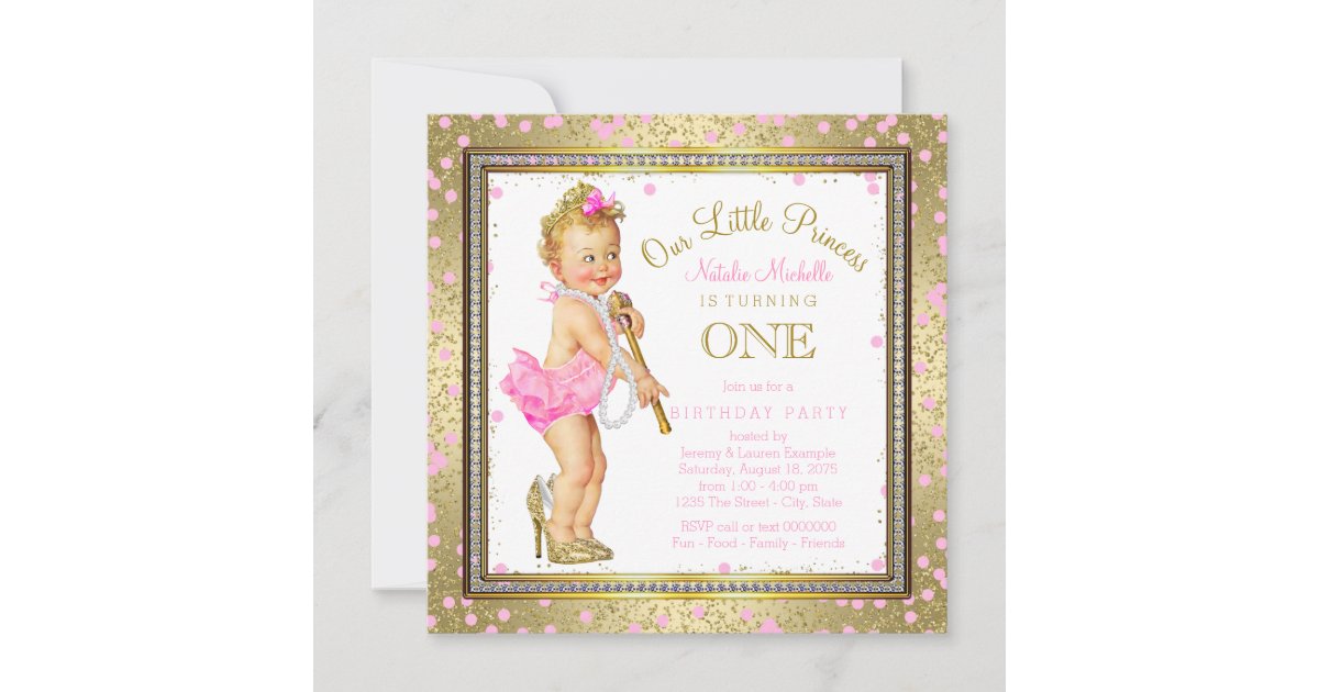 Girls Princess 1st Birthday Party Pink Gold Invitation | Zazzle