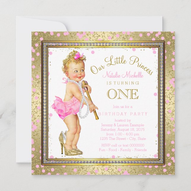 Girls Princess 1st Birthday Party Pink Gold Invitation (Front)