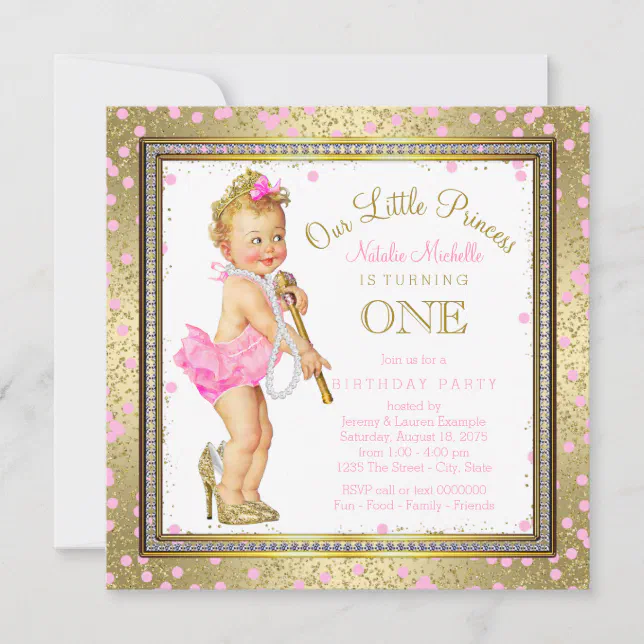 Girls Princess 1st Birthday Party Pink Gold Invitation | Zazzle