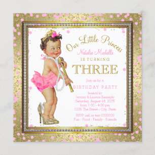 Girls Princess 3rd Birthday Party Pink Gold Invitation