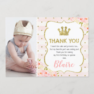 Girl's princess crown 1st birthday thank you card