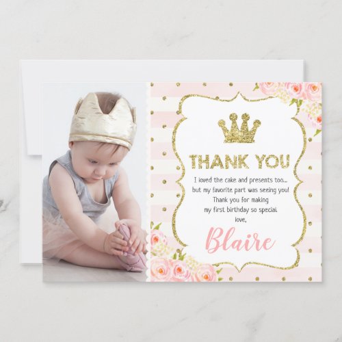 Girls princess crown 1st birthday thank you card