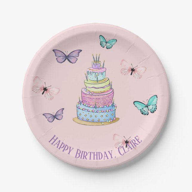 Girl's Princess Party, Butterflies and Cake Paper Plates (Front)