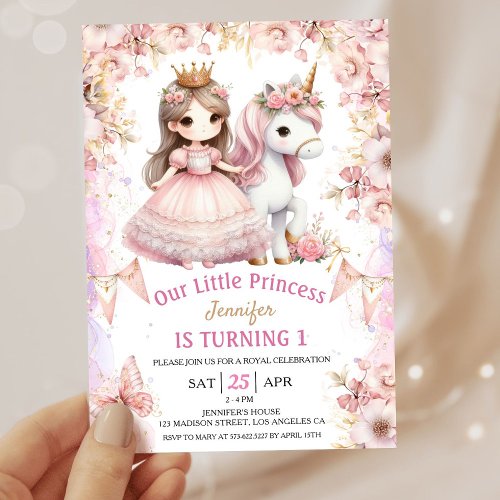 Girls Princess Unicorn 1st Birthday Invitation