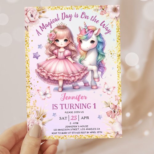 Girls Princess Unicorn 1st Birthday Pink Gold Invitation