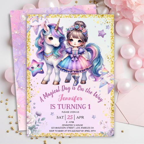 Girls Princess Unicorn 1st Birthday Purple Gold  Invitation