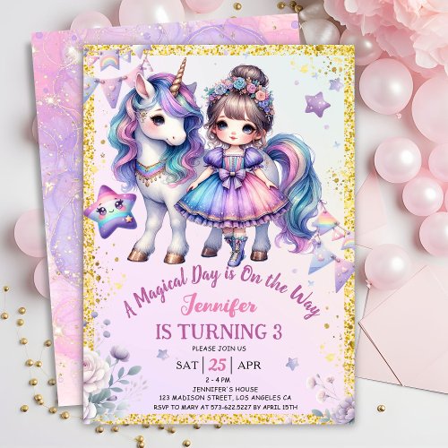 Girls Princess Unicorn 3rd Birthday Purple Gold  Invitation