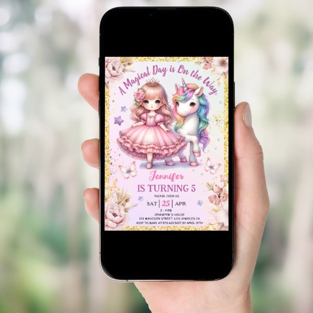 Girls Princess Unicorn 5th Birthday Pink Gold Invitation (Front Digital)