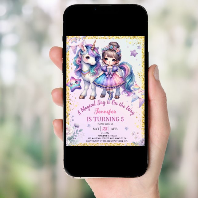 Girls Princess Unicorn 5th Birthday Purple Gold Invitation (Front Digital)
