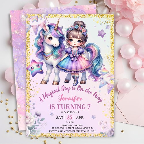 Girls Princess Unicorn 7th Birthday Purple Gold Invitation