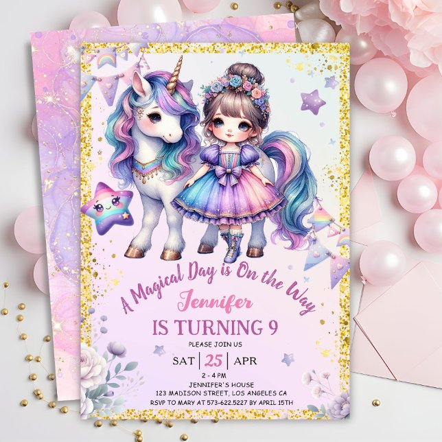 Girls Princess Unicorn 9th Birthday Purple Gold Invitation (Creator Uploaded)