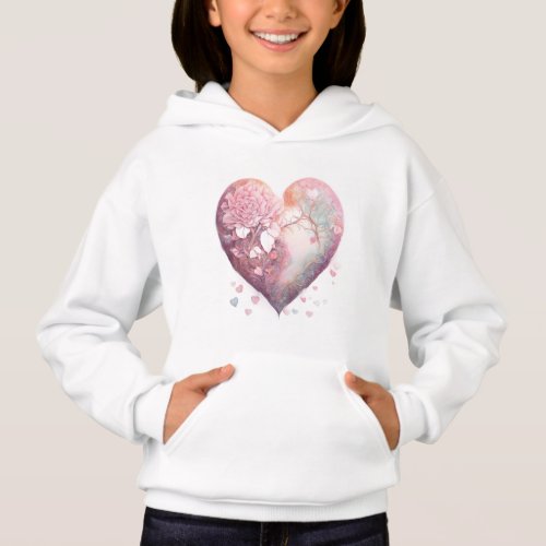 Girls Pullover Hoodie with Heart Print