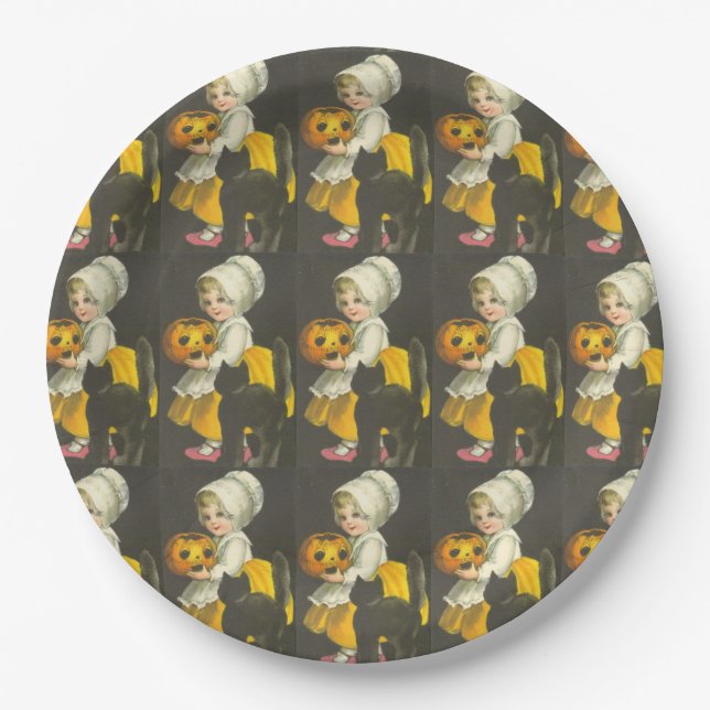 Girls Pumpkin Black Cat Vintage Halloween  Paper Plates (Front)