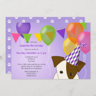 girls puppy birthday purple multicolor balloons invitation