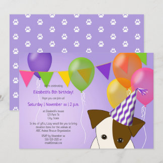 girls puppy birthday purple multicolor balloons invitation